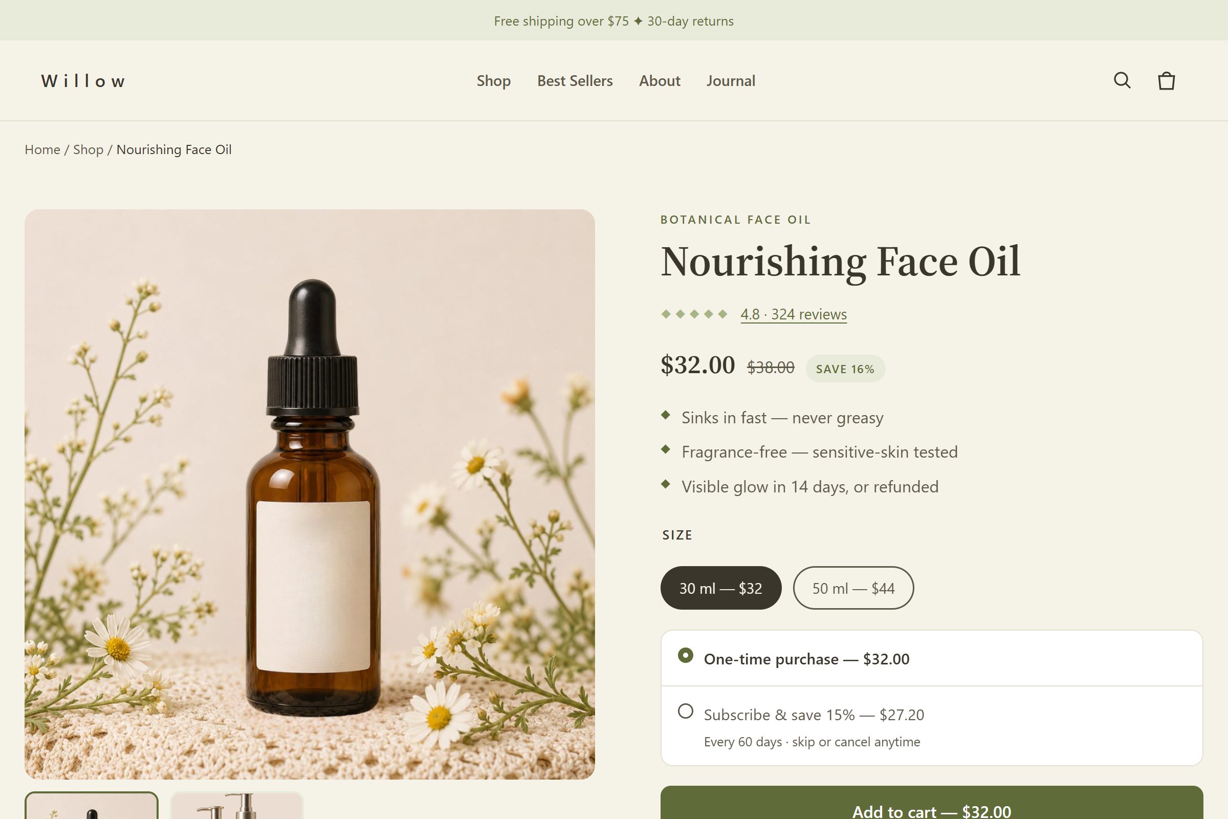 The same face oil rebuilt: review rating, savings pill, benefit bullets, size options, subscribe-and-save, and a clear add-to-cart.