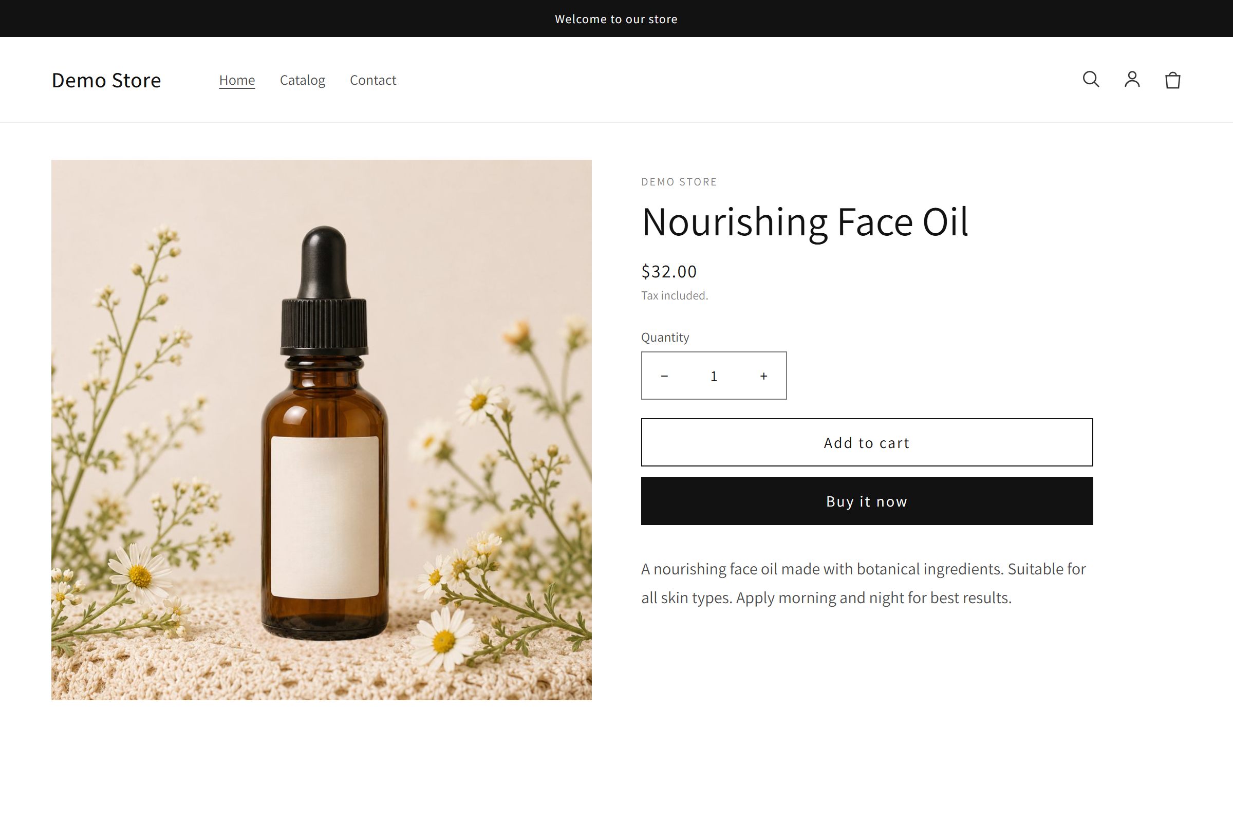 Stock Dawn product page: one photo, a title, a price, a quantity box, and two buttons — nothing that sells.