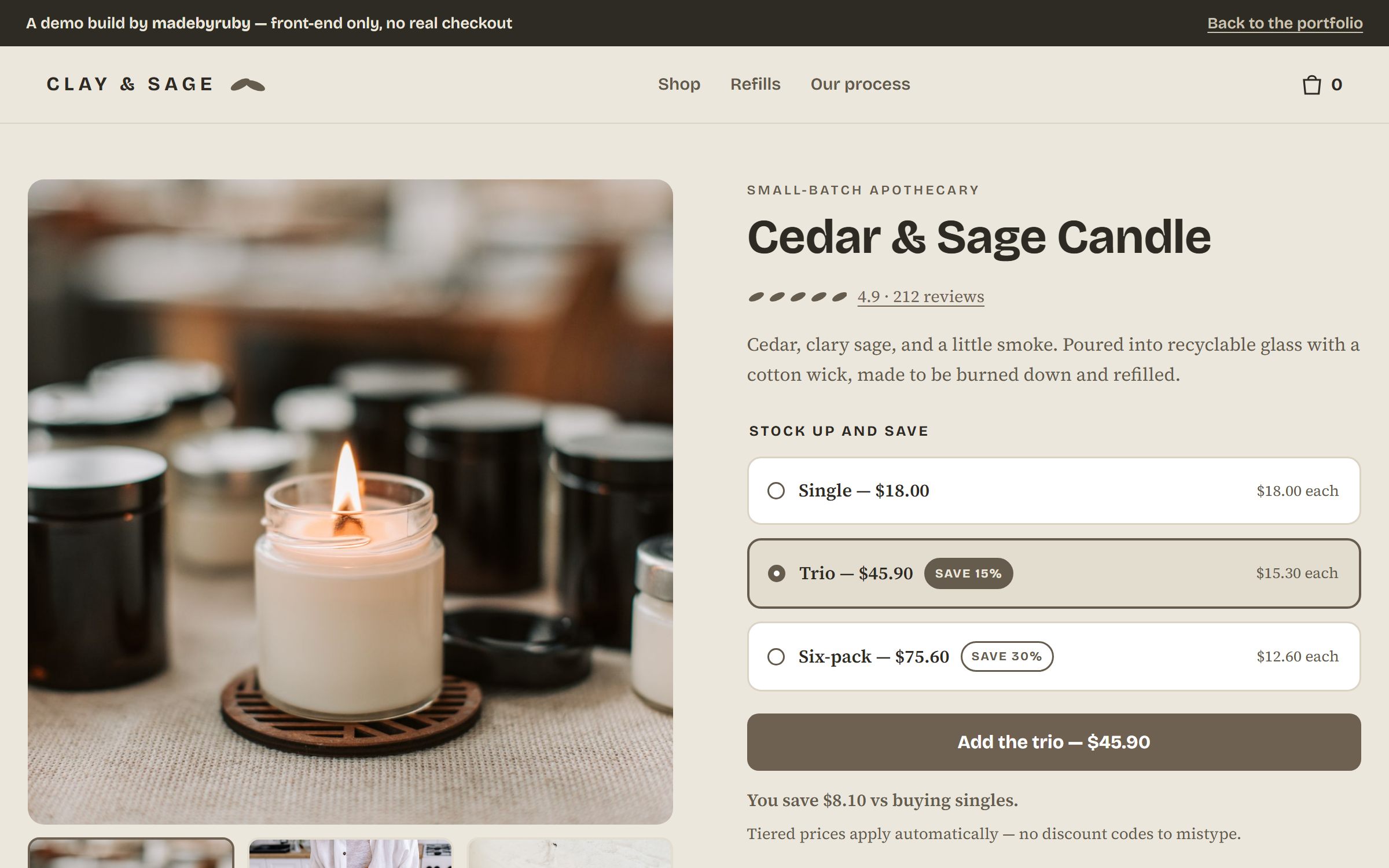 Clay and Sage demo store: an apothecary product page with candle photography and single, trio, and six-pack pricing tiers.