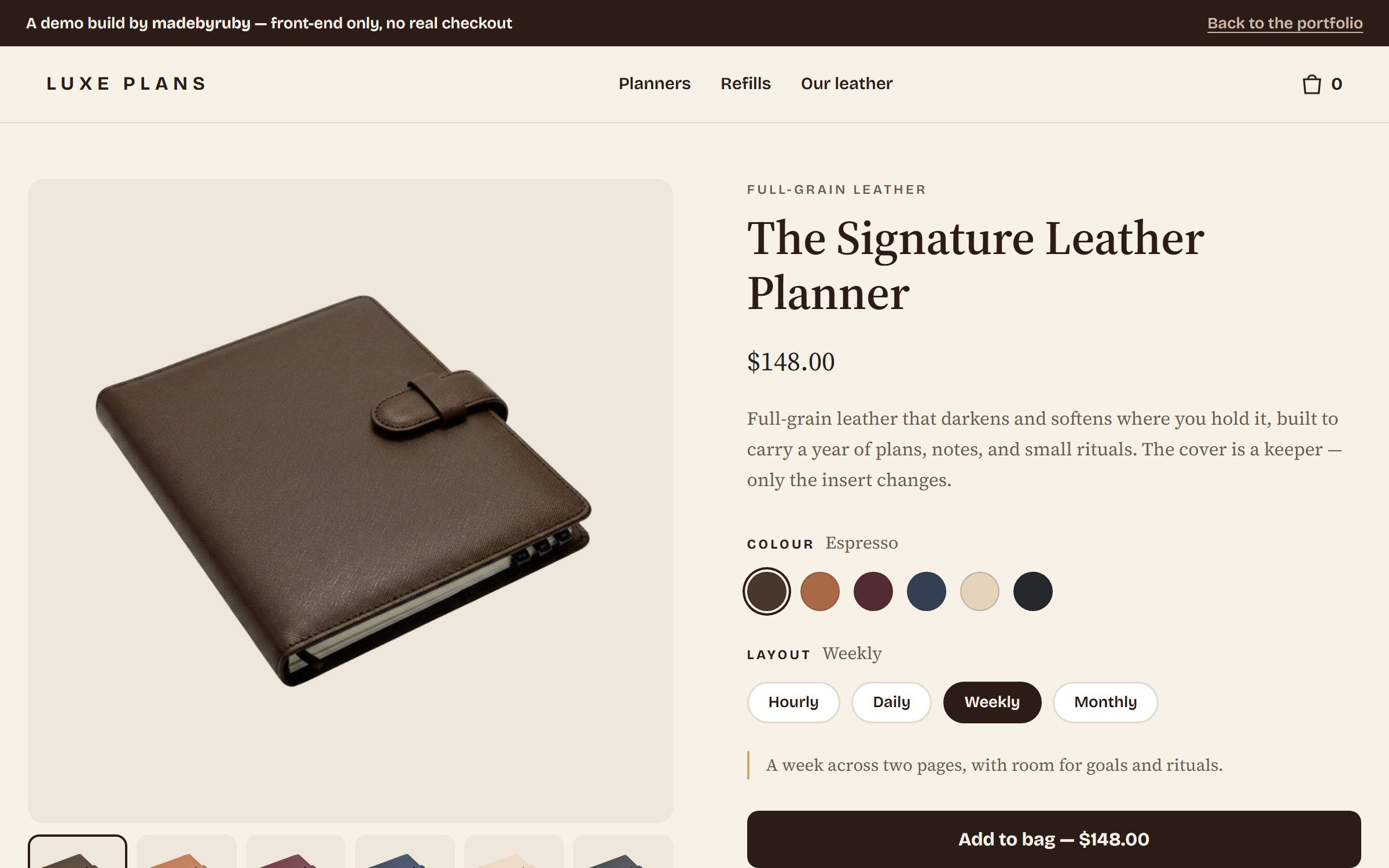 Luxe Plans demo store: a leather planner product page with six colour swatches, four layout options, and a full-grain leather description.