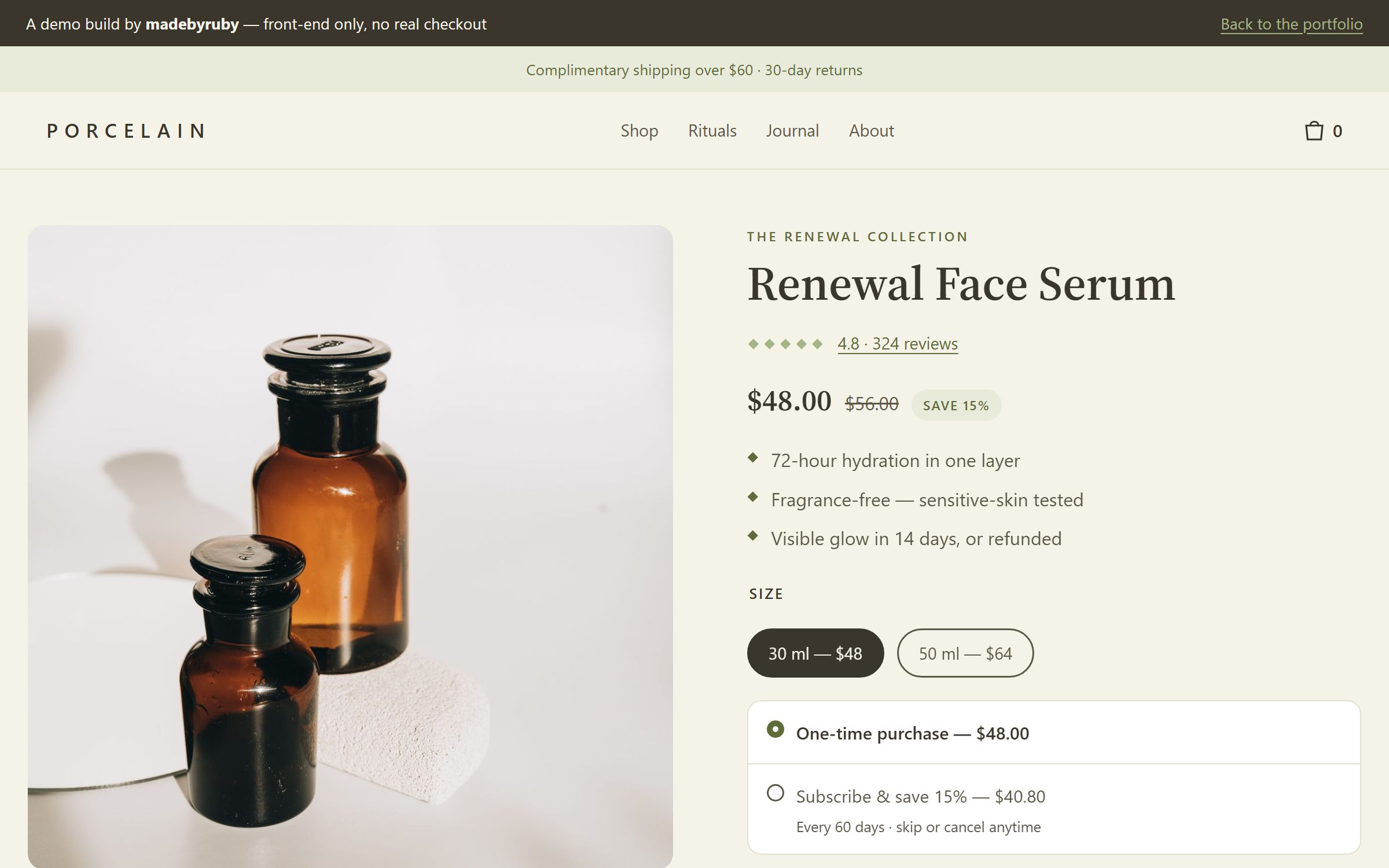 Porcelain demo store: a rebuilt luxury serum product page with photographic gallery, reviews, benefit bullets, and subscription pricing.