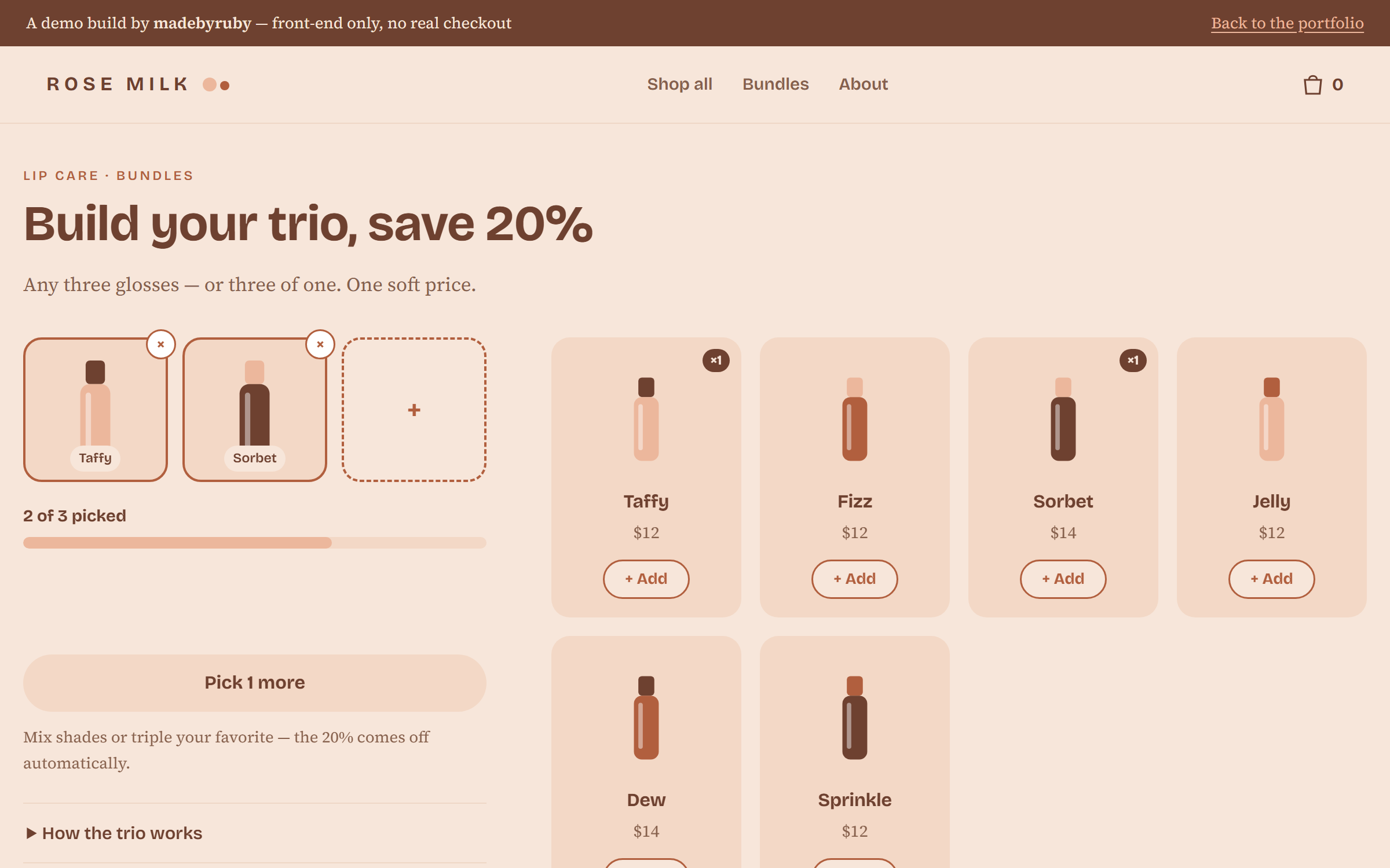 Rose Milk demo store: a pastel build-your-trio bundle page with two glosses picked, a product grid, and live bundle pricing.