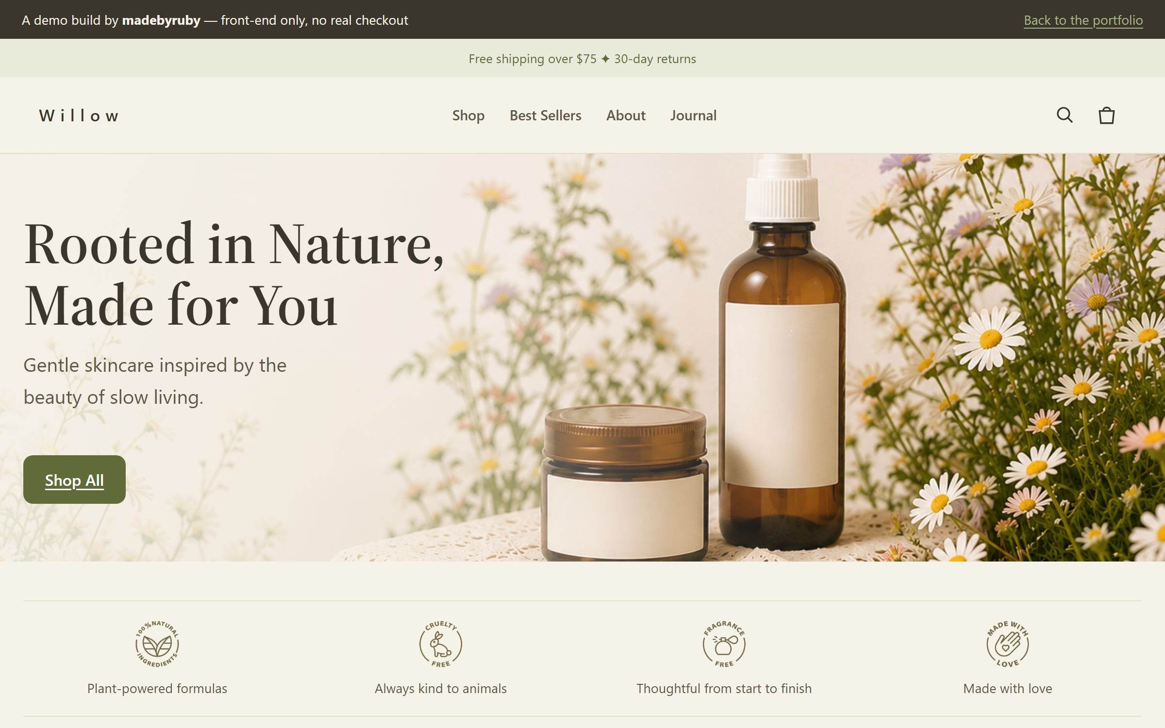 Willow demo storefront: a cottage-core skincare homepage with a full-bleed hero photograph, trust badges, and a best-sellers grid.