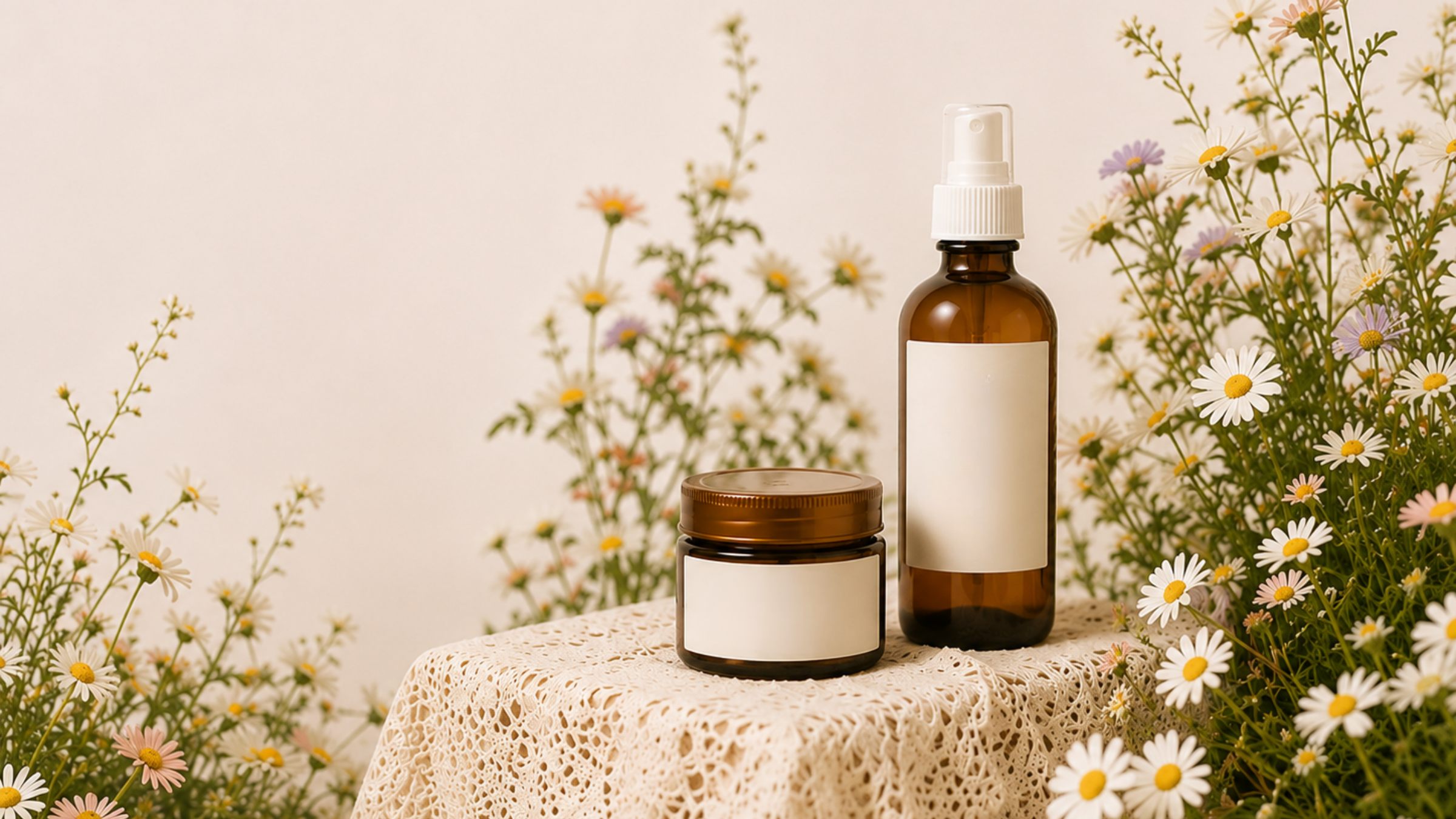Cottage-core skincare bottles among wildflowers